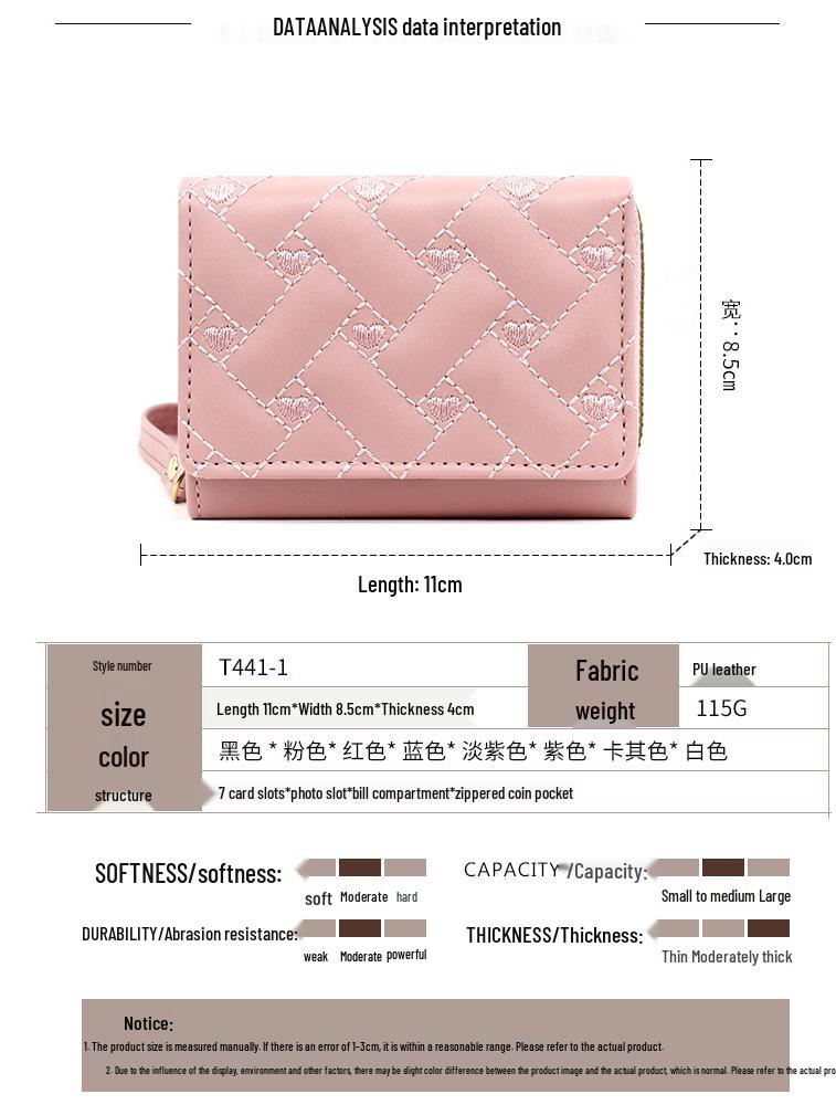 Women's Tri-Fold Embroidered Heart Wallet with Multi-Card Slots and Leather Coin Purse