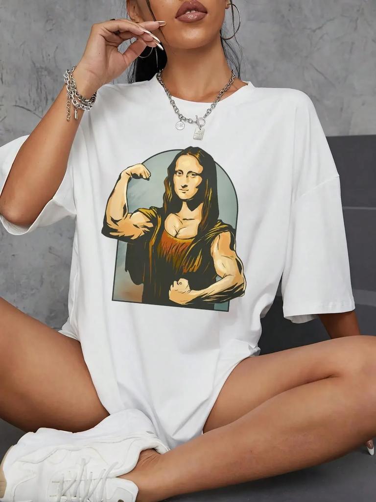Playing Pranks on Mona Lisa Fitness Print Womens Unisex T Shirt Casual T-Shirt Casual Short Sleeve Loose Tshirt