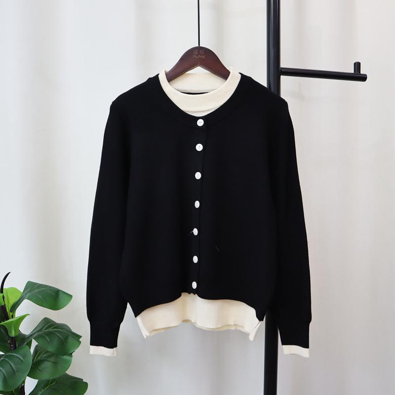 Crew Neck Fake Two-piece Knitted Cardigan Women's Autumn and Winter New Loose Contrasting Color Design Temperament Sweater Jacket
