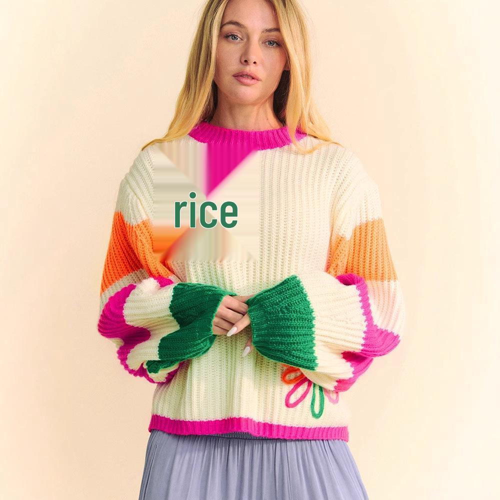 

Shiying Winter Floral Colorblock Crew Neck Sweater for Women - European & American Fashion Knitwear Small