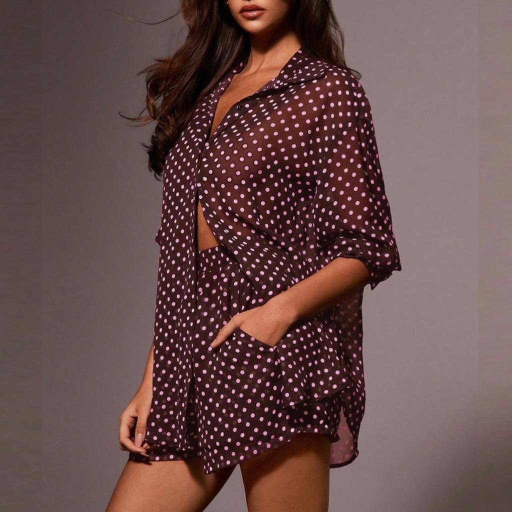 Women Long Sleeve Polka Dot Sheer Puff Sleeve Shirt and High Waist Shorts Set Lightweight Breathable Two Piece Outfit