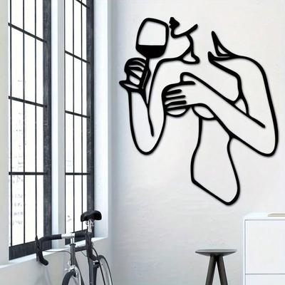 Contemporary Metal Wall Carving - 1 Piece Of Black 11.81 Inches Abstract Female Image, Minimalist Line Art, Elegant Striped Design