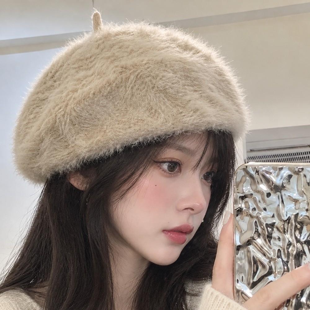 Soft Pumpkin Painter Cap Solid Color Plush Octagonal Cap Elegant Faux Mink Beret Autumn