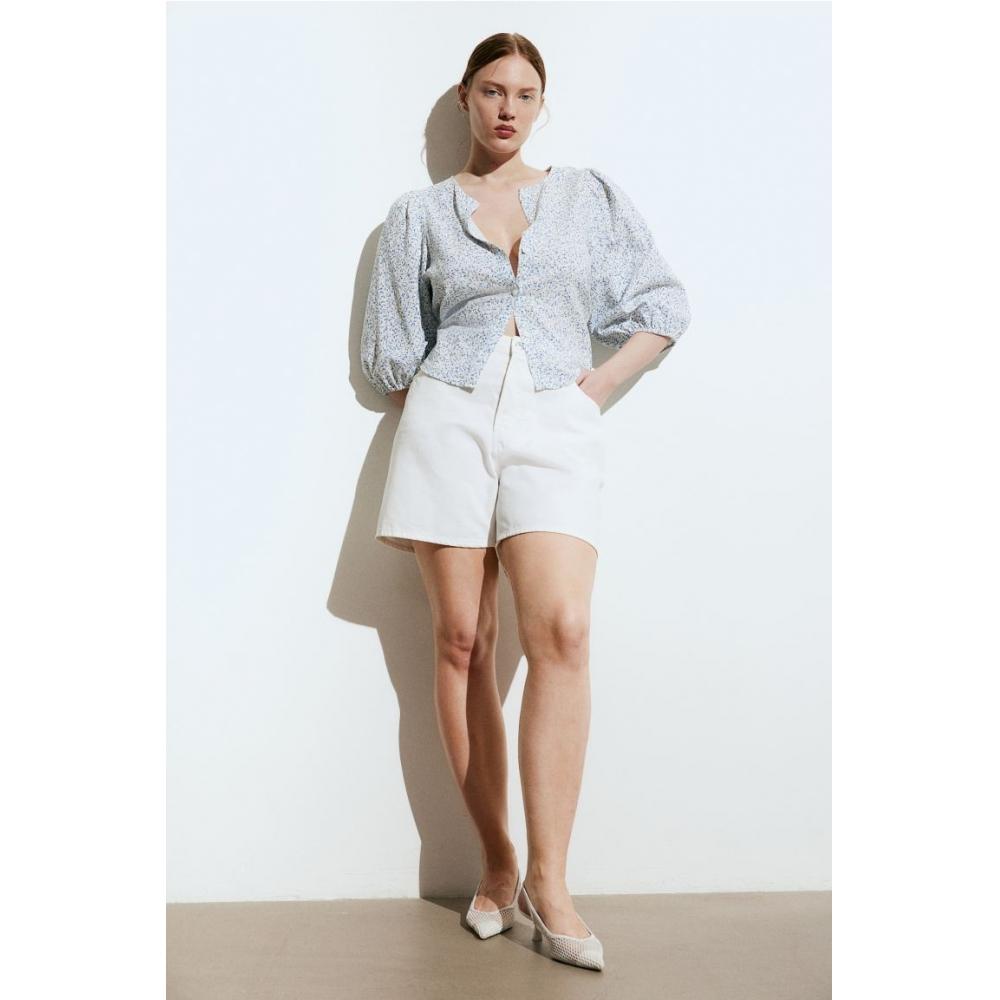 

H M Linen Blend Blouse White Blue Pattern