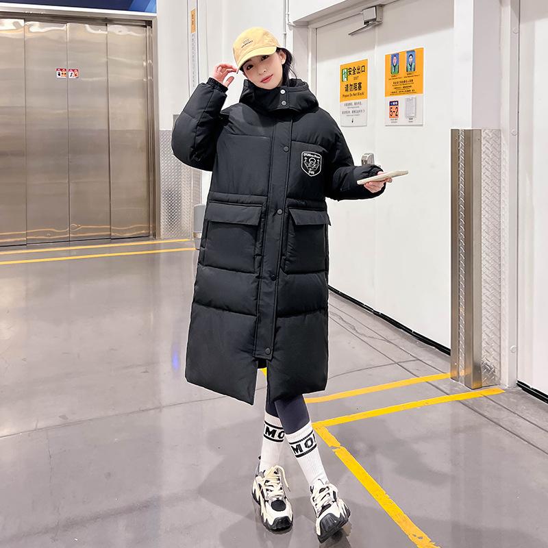 

Хлопковая одежда однотонного цвета до колена женская осенне-зимняя свободная модная с капюшоном пуховая хлопковая одежда S чёрный