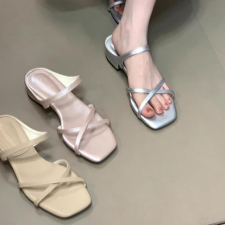 Soft leather version~ French gentle cross with open-toed sandals women's summer temperament square head fashion niche one-word slippers