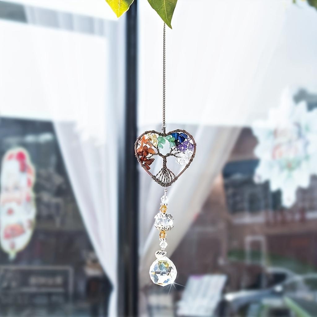 1pc Rainbow Crystal Sun Catcher, Tree Of Life Suncatchers Heart Shaped Hanging Ornament Chakra Stones Window Crystal Ball Prism