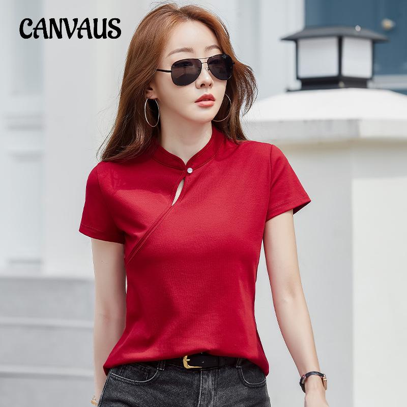 Summer Women's T-shirt Chinese Style Slim Standing Collar Short Sleeve Top