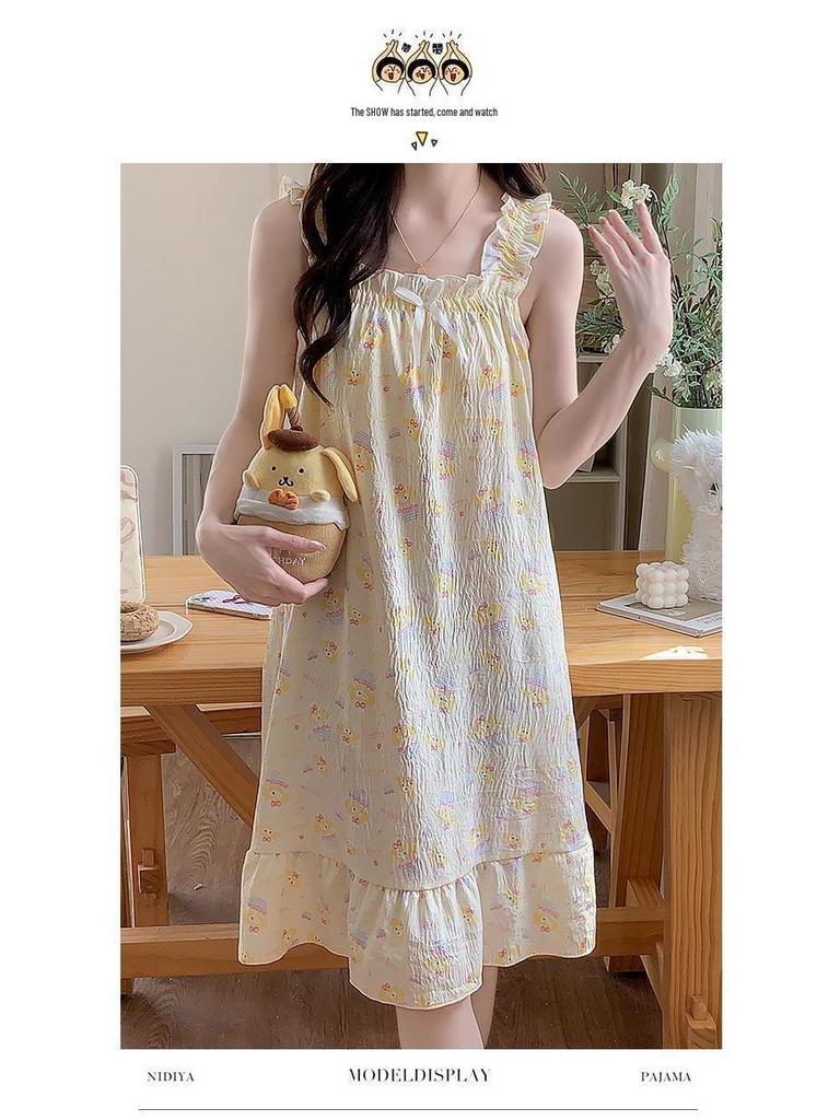 2026 Summer Women's Cartoon Padded Strappy Loose Nightgown Dress Pajamas - Sweet Outdoor Style