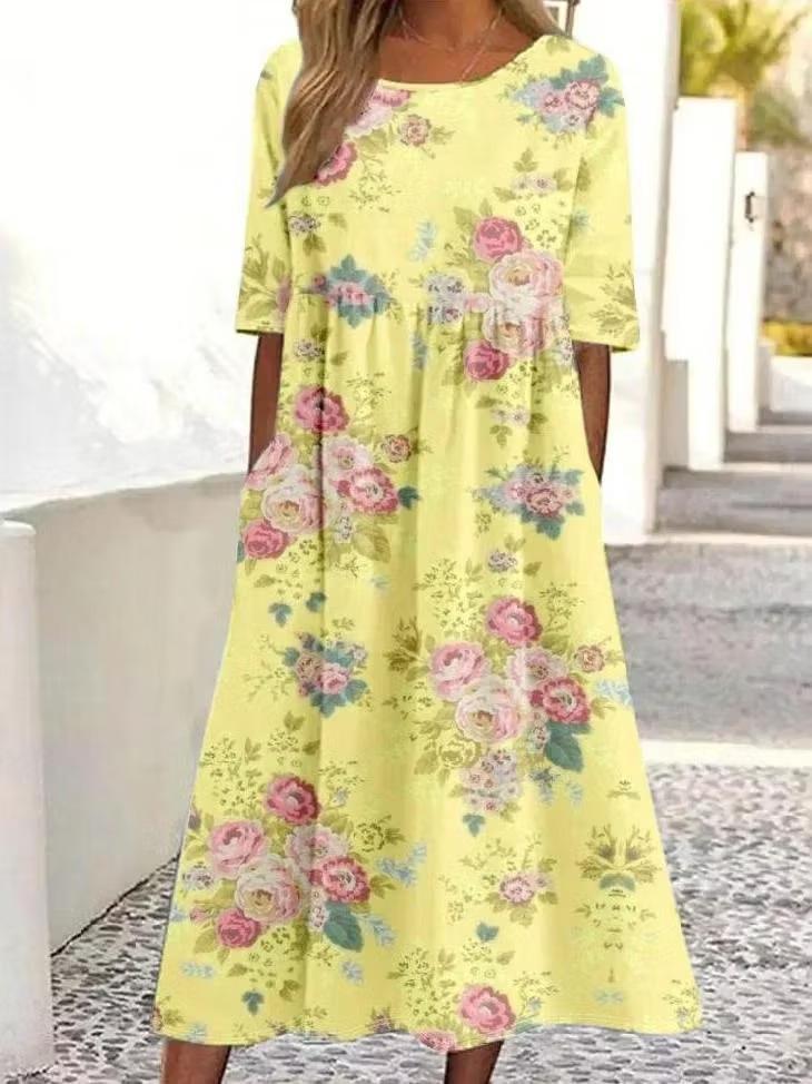 Light Gray Yellow Flower Printed Cotton and Linen Long Dress Round Neck Seven-quarter Sleeve Belly Cover Lazy Versatile Seaside Vacation Pocket Dress
