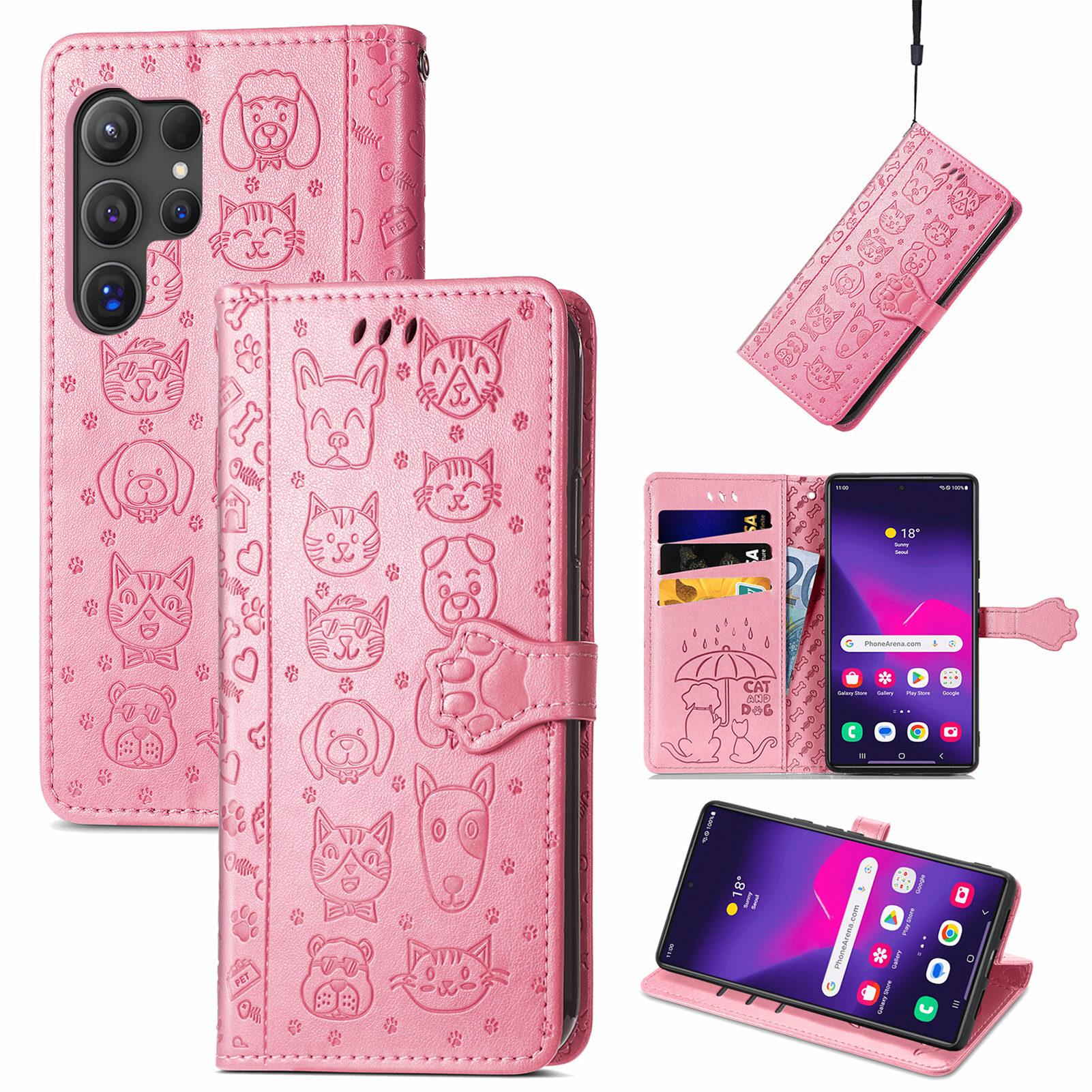 

For Samsung Galaxy S25 Ultra Leather Wallet Case Flip Phone Cover with Cute Cat Dog Pattern Pink