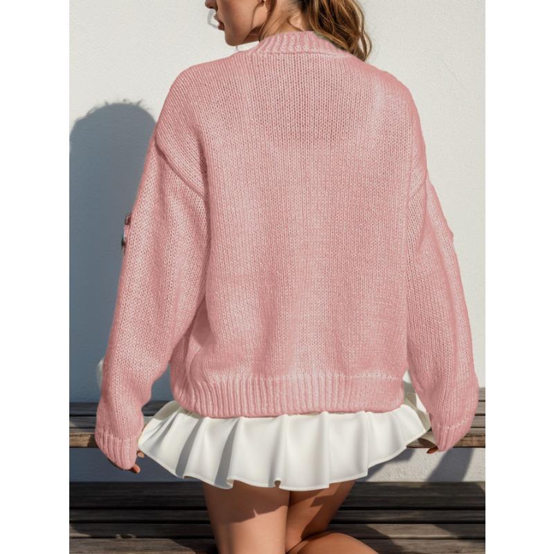 Dam Höst Vinter Söt Stickad Kofta Långärmad Knäppning Lös Varm Tröja Blomtryckt Öppen Framsida Kappa