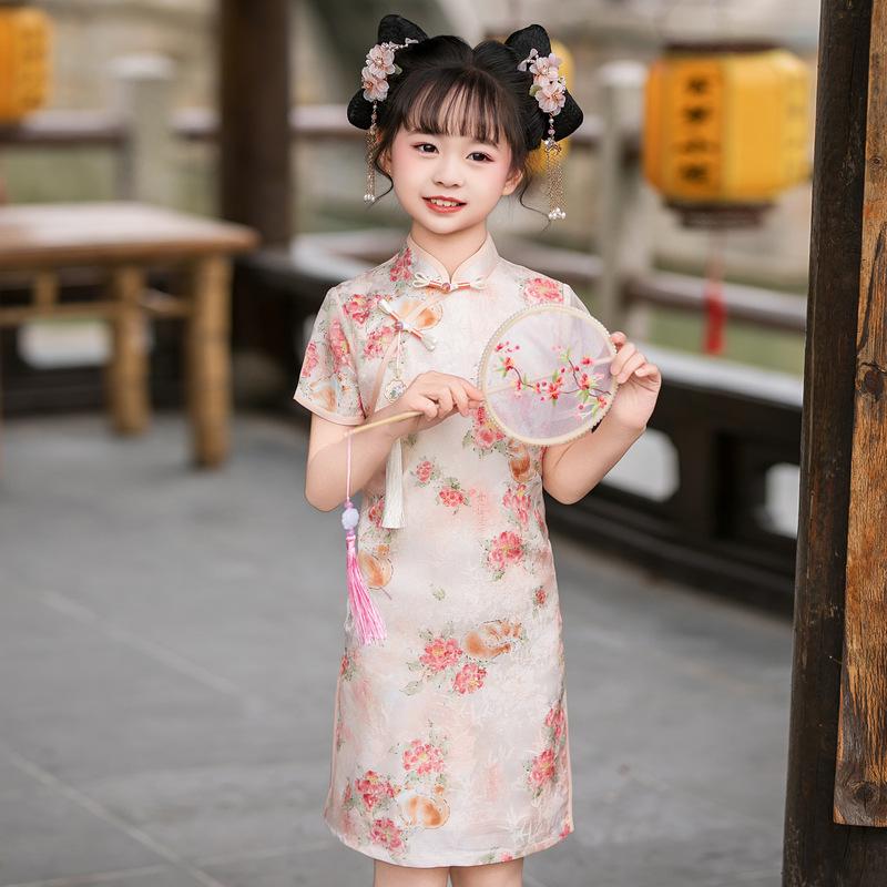 2026 New Style Girls Summer Cat Print Qipao: Chinese-Inspired Princess Dress 130 cm