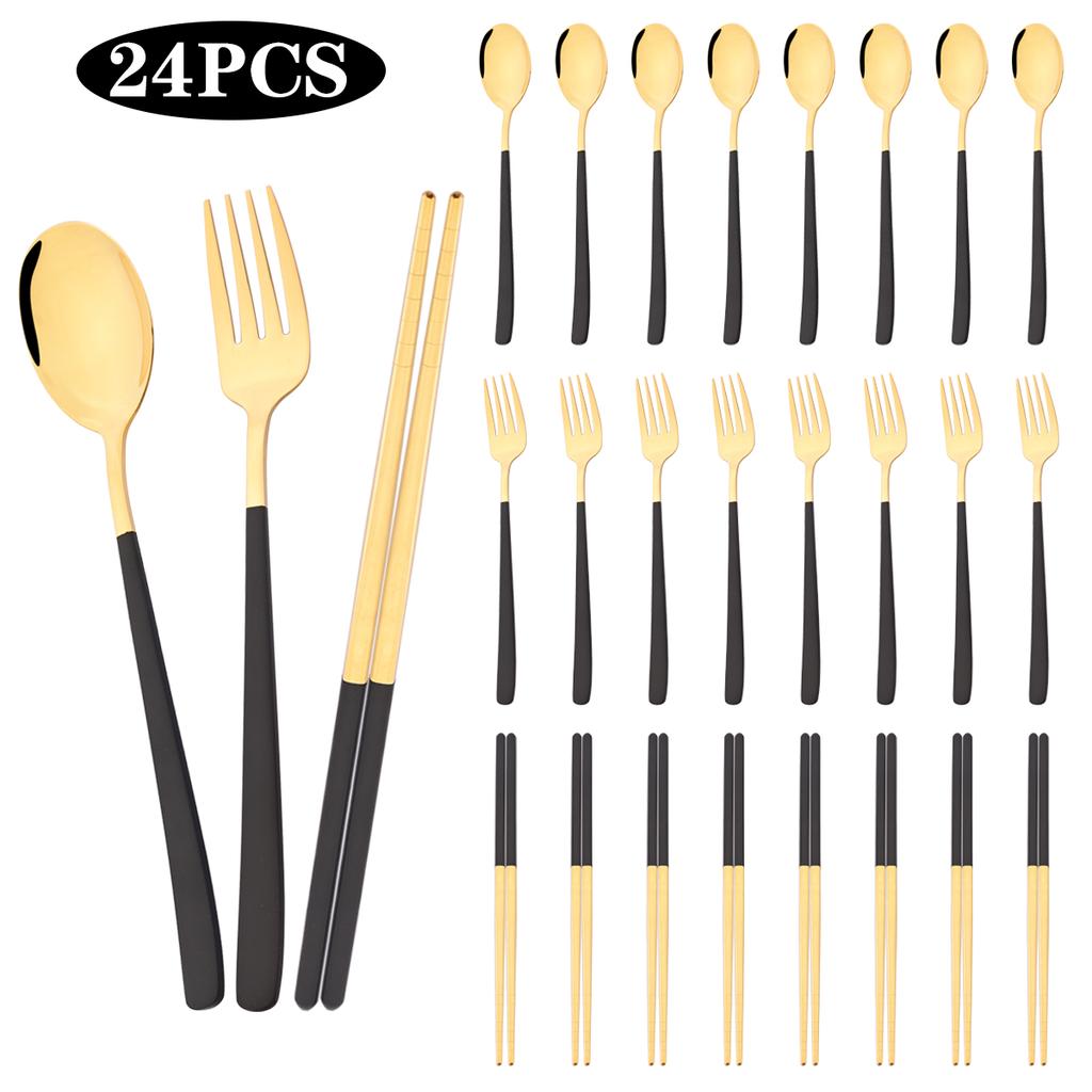 24pcs Black Gold Dinnerware Fork Spoon Chopsticks Cutlery Set Mirror Stainless Steel Flatware Western Party Kitchen Tableware