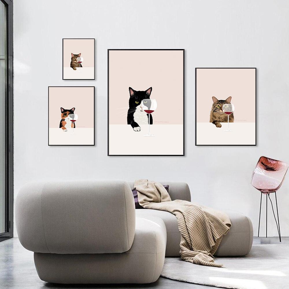 Funny Cat Poster White Cats Taste Red Wine Canvas Painting Cat Lover Gifts Kitchen Wall Art Pictures for Living Room Home Decor
