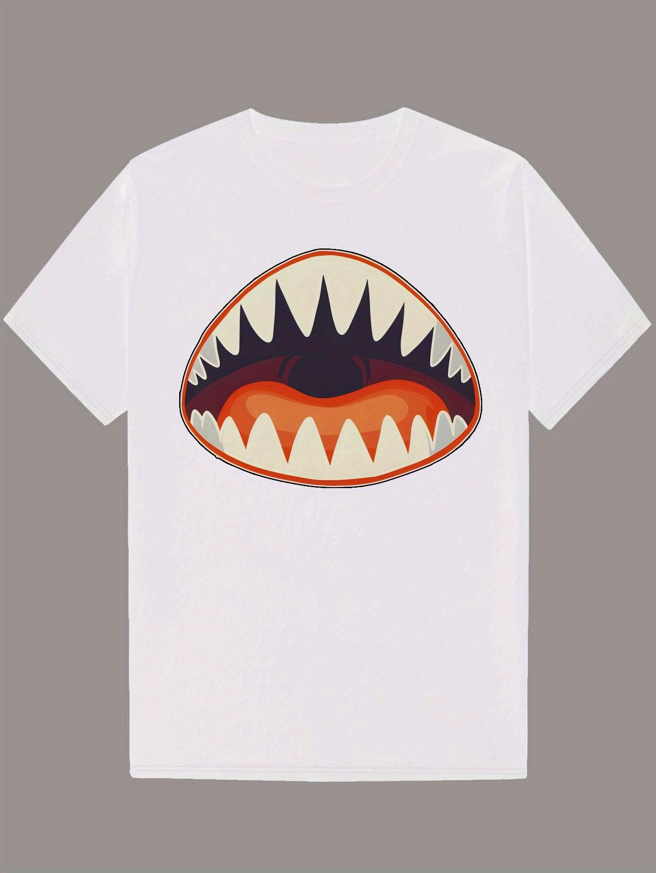 Crew Neck T-shirt with Shark Eye Graphic - White Polyester S