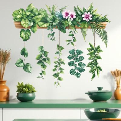 Fresh Green Plants Wall Stickers Self-Adhesive Removable Vinyl Decals for Kitchen Cabinet Foyer Potted Plants Posters Home Decor