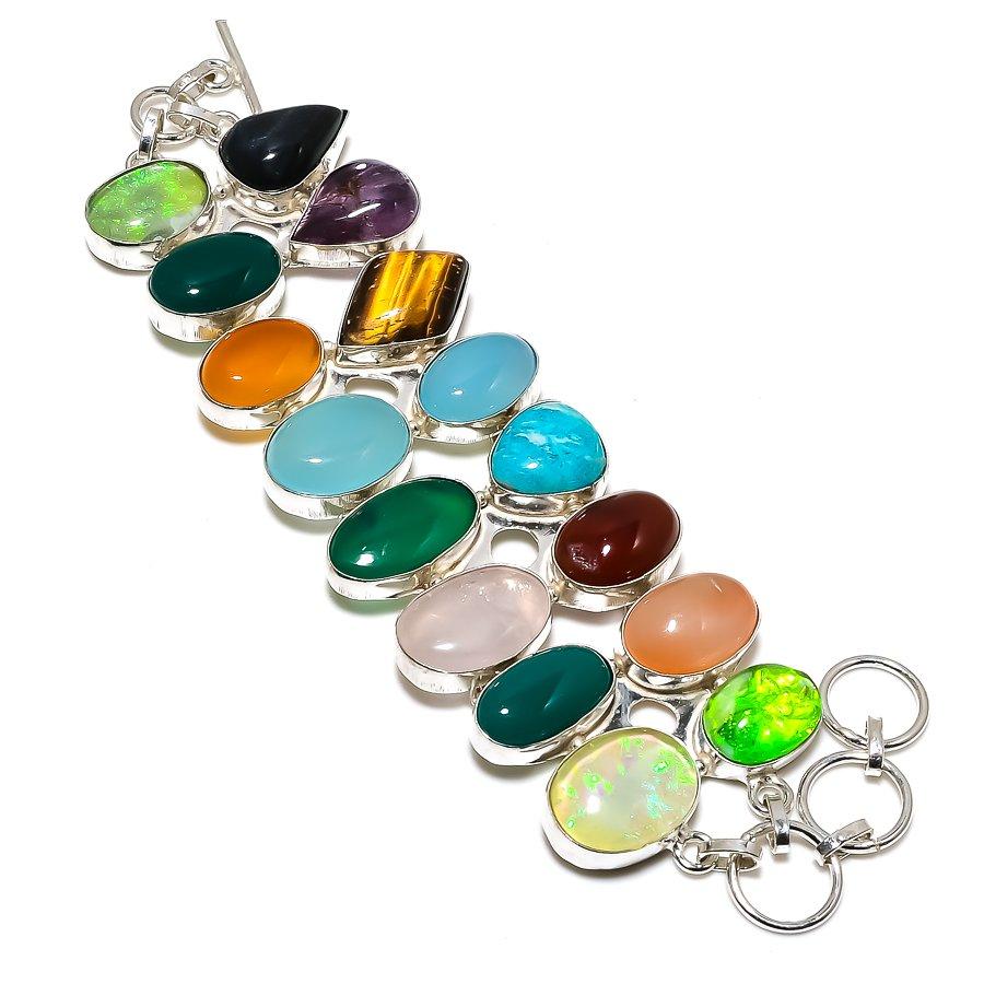 Tiger Eye, Opal Gemstone Handmade 925 Sterling Silver Bracelet 7-8" j1K03