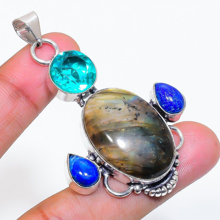 Natural Labradorite, Diopside 925 Sterling Silver Jewelry Pendant 2.36" ZS-343
