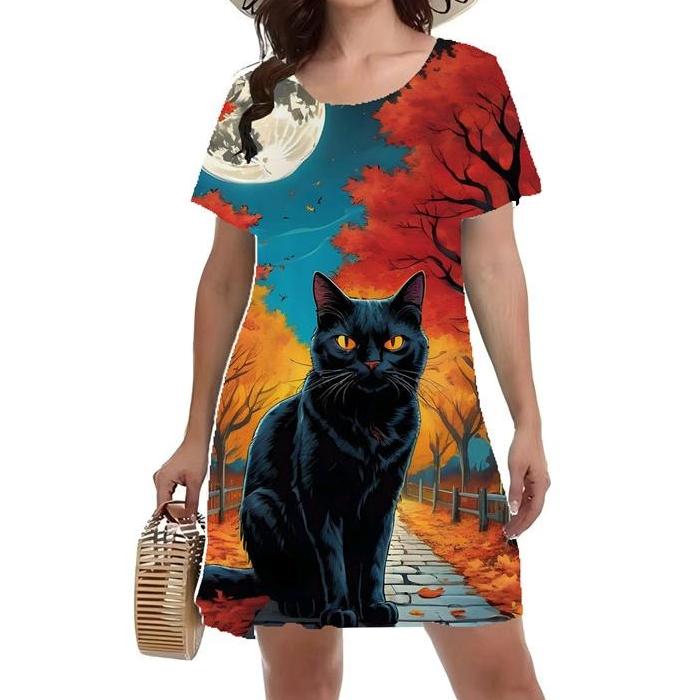 Summer Fashion Colorful Cat Printed Dress Ladies Loose Oversized Comfortable Leisure Breathable Dress