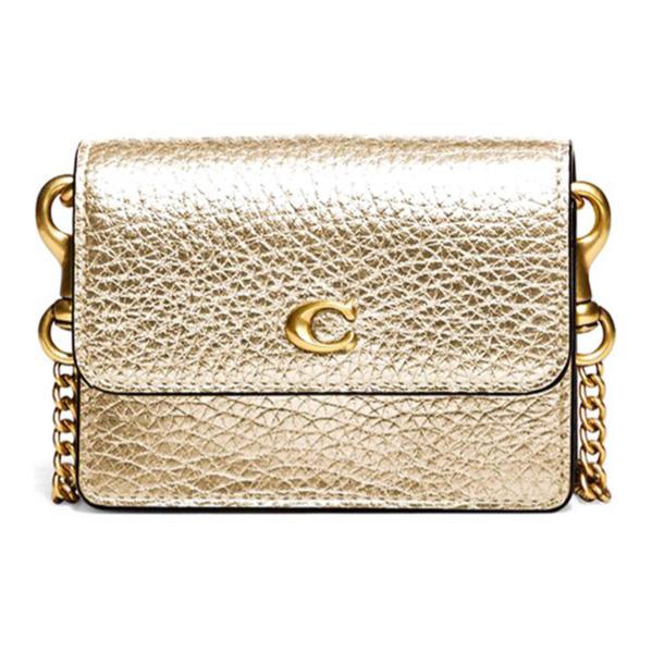 [Pre-Owned] Card Case 10 Metal Polished Logo Snap Flap Chain Slot Pebble Grain Leather - Unused #9485YQ ONE SIZE