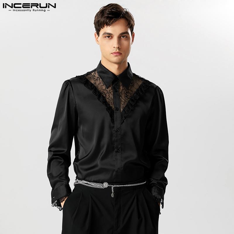 

INCERUN Черные кружевные мужские рубашки с длинными рукавами и вышивкой