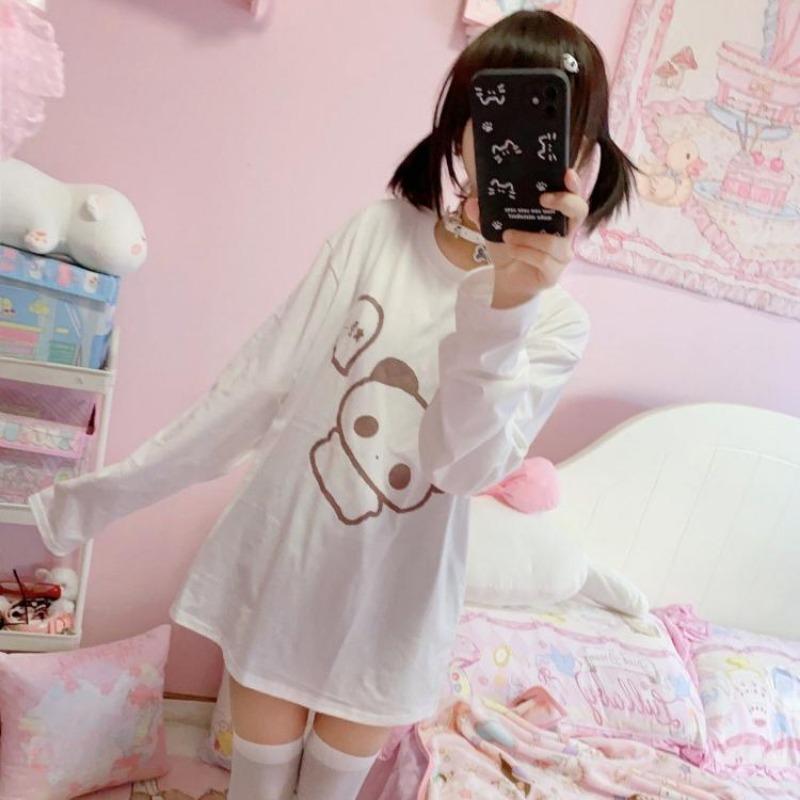 2KWEIRD Shirts for Women Japanese Tshirts Preppy Style Fashion White Tees O-neck Long Sleeve Cartoon T Shirt Casual Korean Y2k Tops