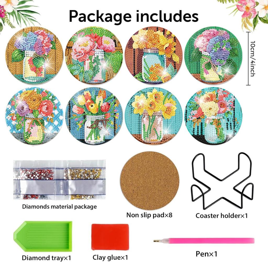 Mrpwnle 8-Piece Diamond Art Coaster Kit - Flower Diamond Painting Coaster Kit with Holder, DIY Flower Diamond Art Coaster Kit for Beginners, Adults,