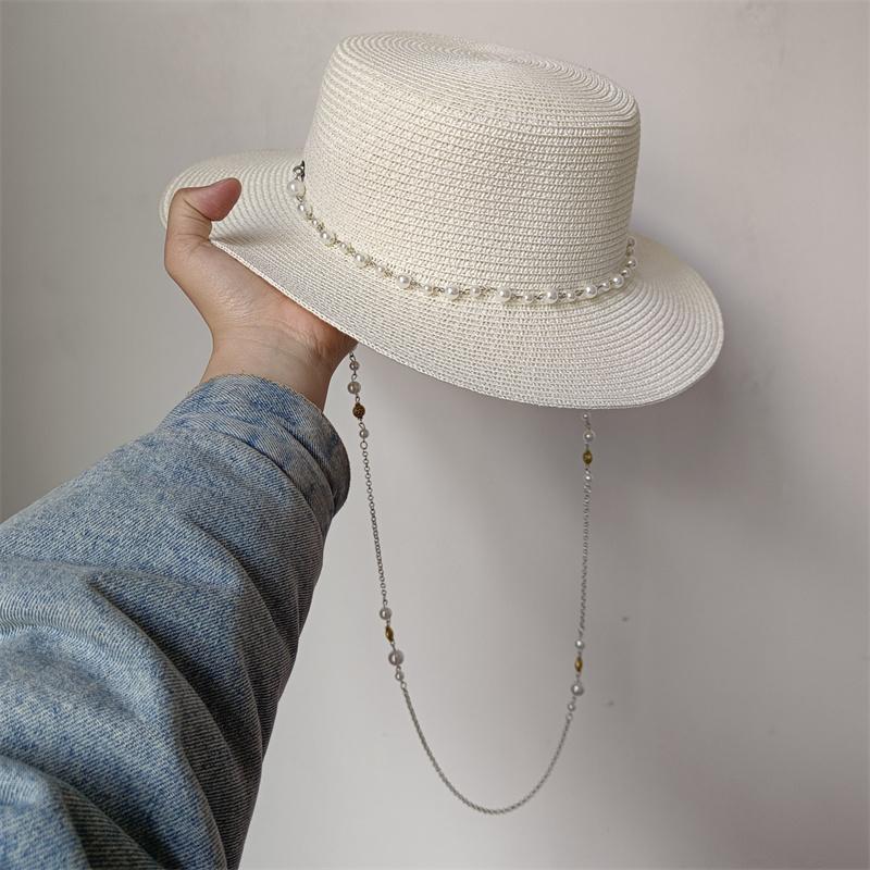 

Bucket Hat 2023 Pearl Chain Straw Hat Punk Style Outdoor Travel Straw Woven Fisherman Hat Women s Korean Edition Diamond Sun Hat 56-58cm