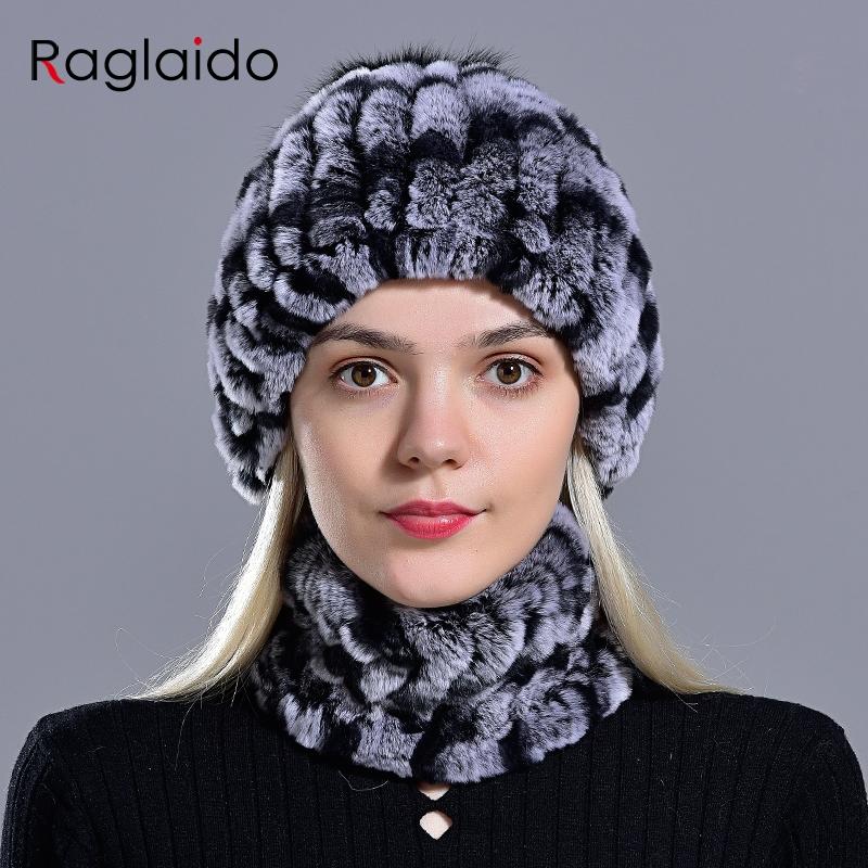 Rabbit Fur Pompom Hat Ring Scarf Set Women's Winter Fashionable Natural Fur Knitted Caps Neck Warmers for Girls Female