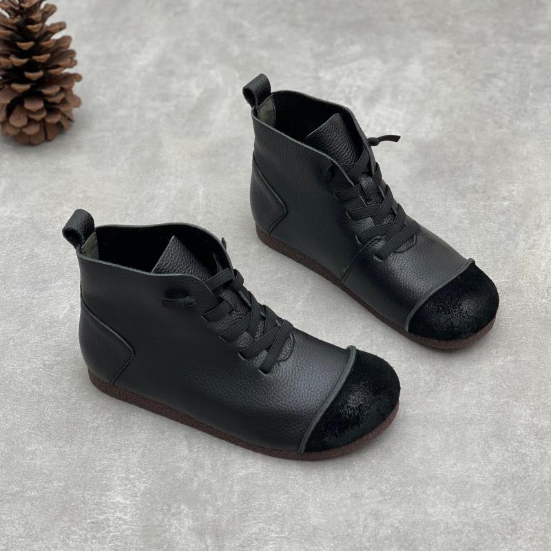 Autumn and winter new cowhide short boots literary and retro style soft leather soft bottom velvet warm leather Martin boots