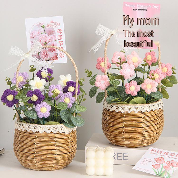 Sonnenblumen Gestrickter Wollstrauß in Handkorb - Geburtstag, Feiertag, Lehrertag, Abschlussgeschenk