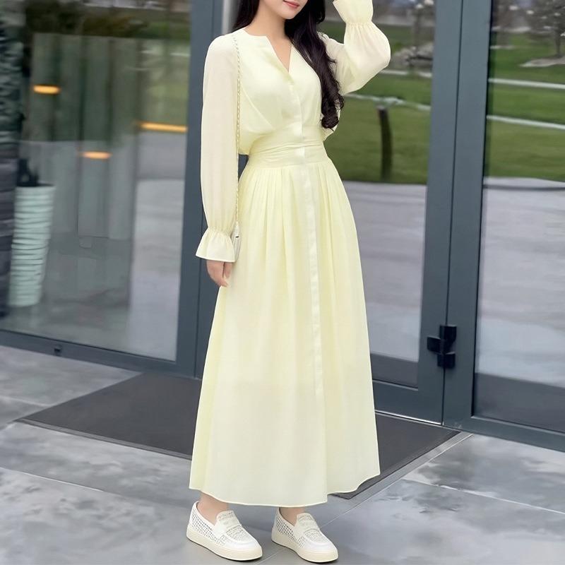 Women Elegant Solid Color High Waist Button Long Maxi Dress