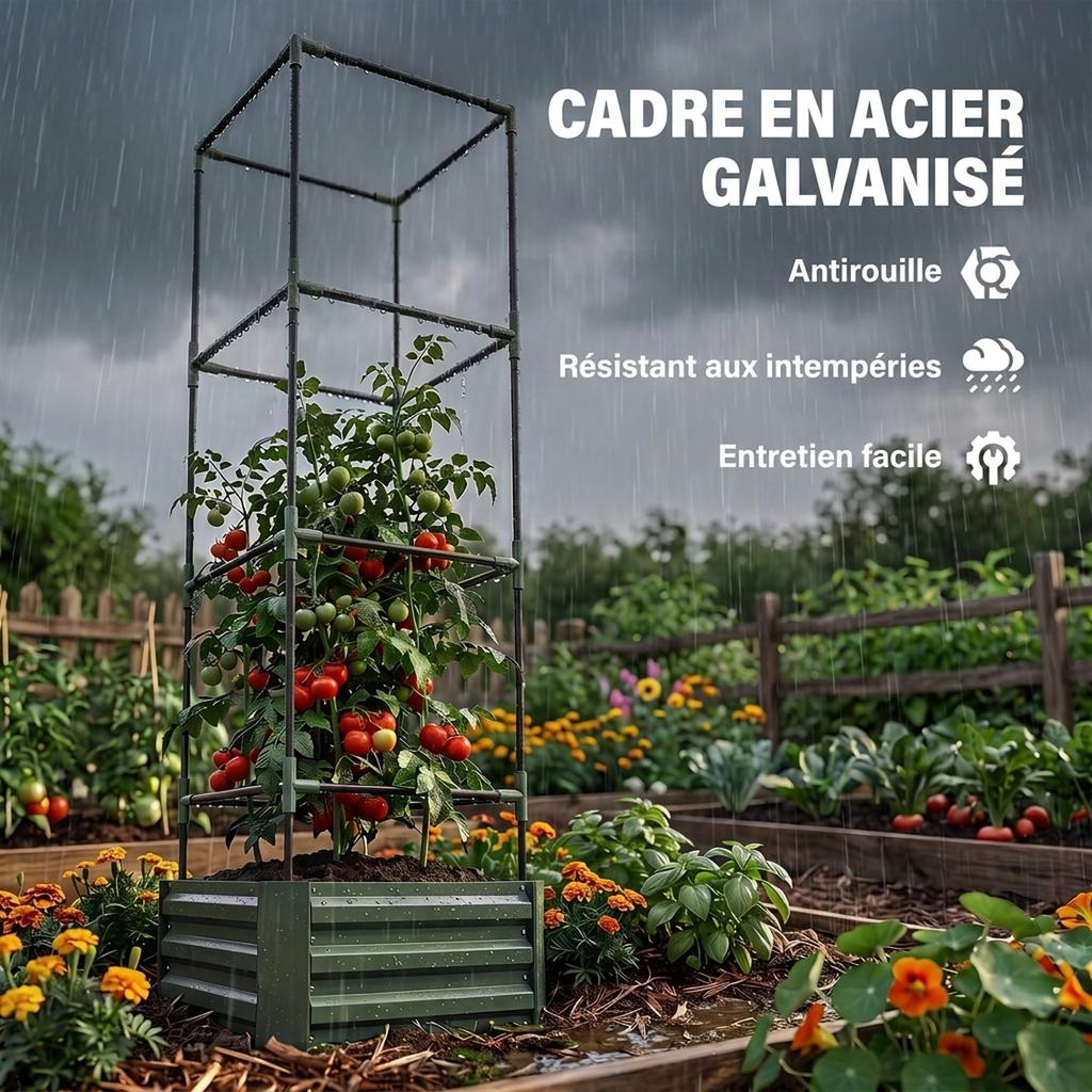 Planter with Adjustable Trellis, Flower Box, Tomato Cage, Galvanized Steel, 61 x 61 x 187 cm, Green