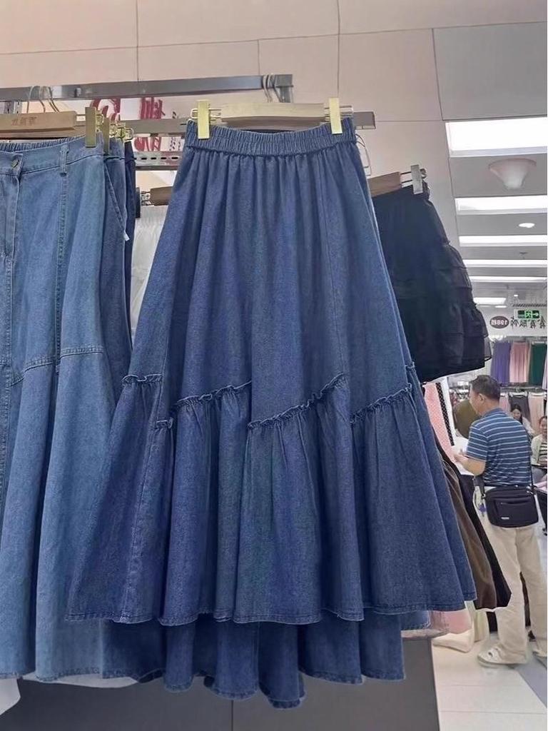 Women's Autumn High-Waist Midi Denim Skirt with Ruffle Patchwork
