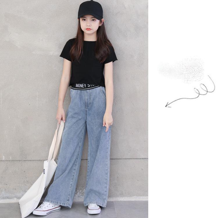 

Комплект детской одежды из 2 предметов, весенне-летние костюмы для девочек, однотонный топ с высокой талией и короткими рукавами + широкие брюки, джинсовый комплект одежды 110