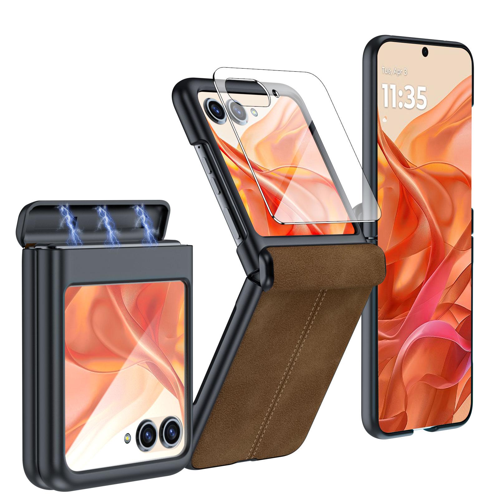 

for Motorola Razr 2024 Case/Razr 2025 Case,Built-in Screen Protector & Hinge Protection & Ultra Thin PU Leather Matte PC Phone Case-Gary коричневий