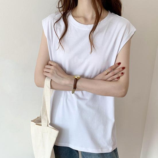 Women Summer T-shirt Sleeveless Loose Pure Color Round Neck Pullover Simple Style Commute Homewear Daily Tank Top Lady Blouse