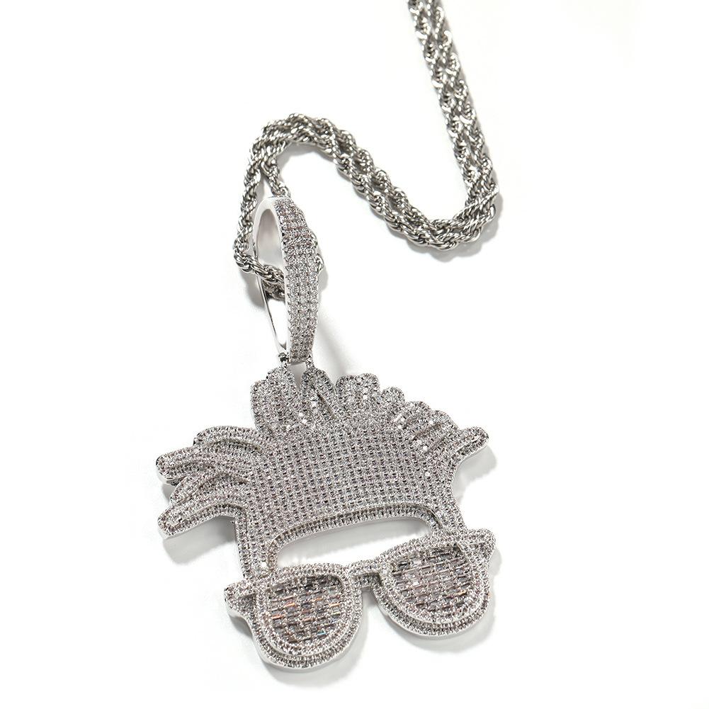 Fashion Rapper Jewelry Luxury Iced Out Hip Hop Jewelry Cartoon Character Pendant Necklace Brass Zircon Iced Out 4mm Tennis Chain 16inches.&3mm twisted chain серебряный