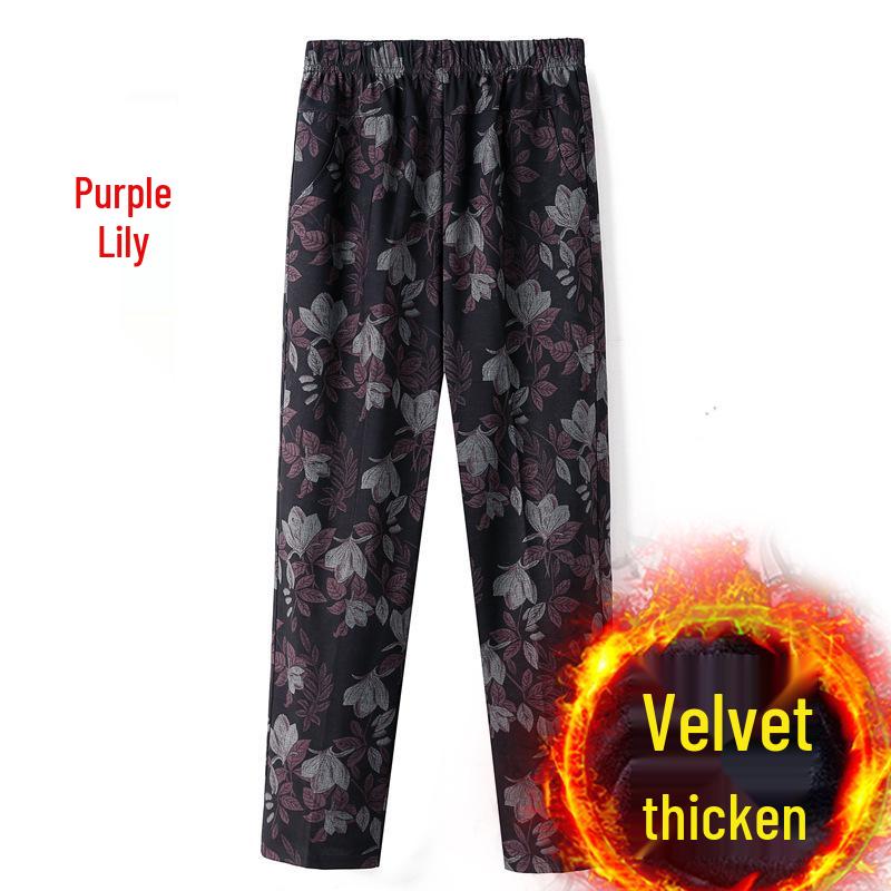 Women's Fleece-Lined Pants, Loose Straight Leg for Middle-Aged/Elderly, Patterned Plus Size, Mom's Style, Fit for All Seasons (Spring, Autumn, Winter)