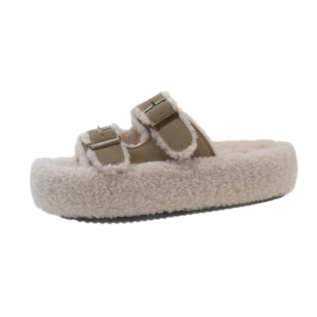 Thick-bottomed versatile fluffy slippers, new in autumn and winter 2025, one-word with velvet casual cotton slippers, one-pedal slippers