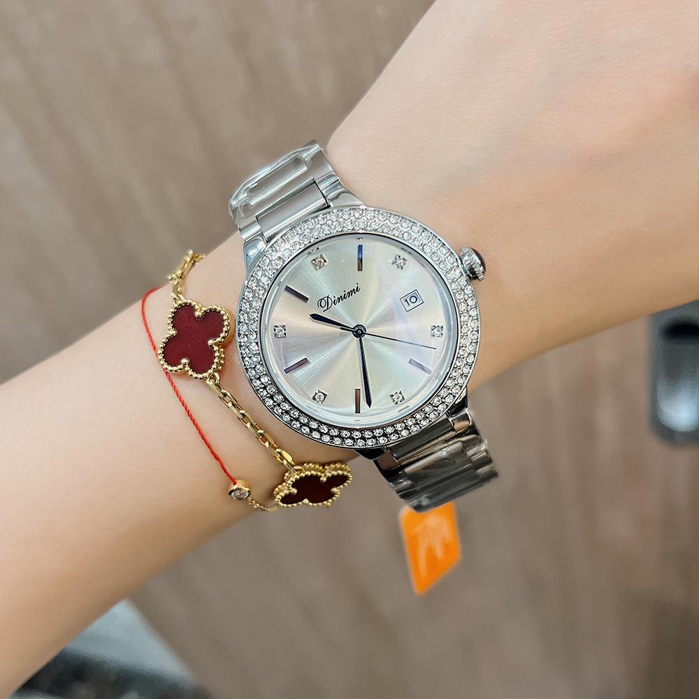 Neue einfache Stahlbanduhr Casual Fashion Kalender Damen Stahlbanduhr Nische Wasser Diamant Englische Uhr