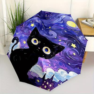 1pc Night Sky Black Cat Pattern Automatic Umbrella Is Fashionable and Good-Looking, a Portable 3-Fold Umbrella, Suitable for Travel and Dail