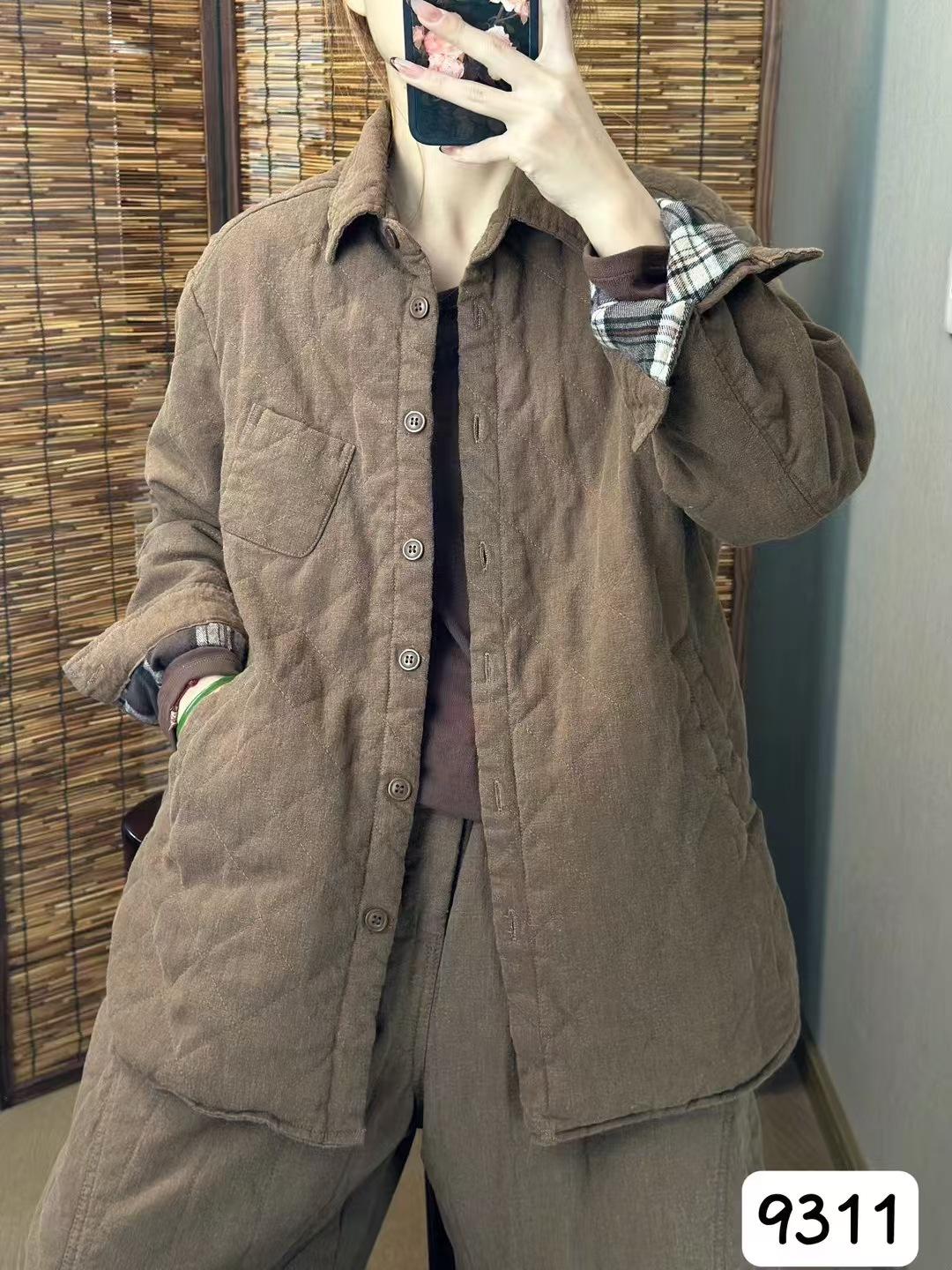 

2025 autumn and winter linen cotton-padded women s new lapel loose versatile commuter cardigan solid color shirt linen cotton outer XL