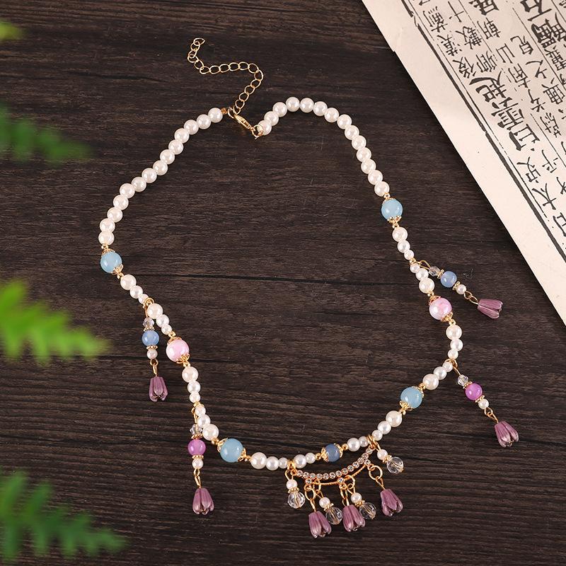 Chinese Style Simulation Pearl Necklace Hanfu Long Chain Jewelry Accessory