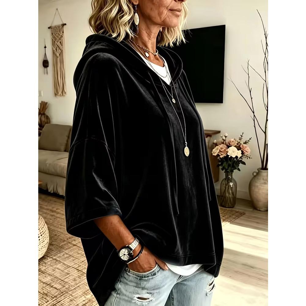 Damska gładka welurowa bluza z kapturem i rękawem 3/4, casualowy top hoodie na jesień zimę