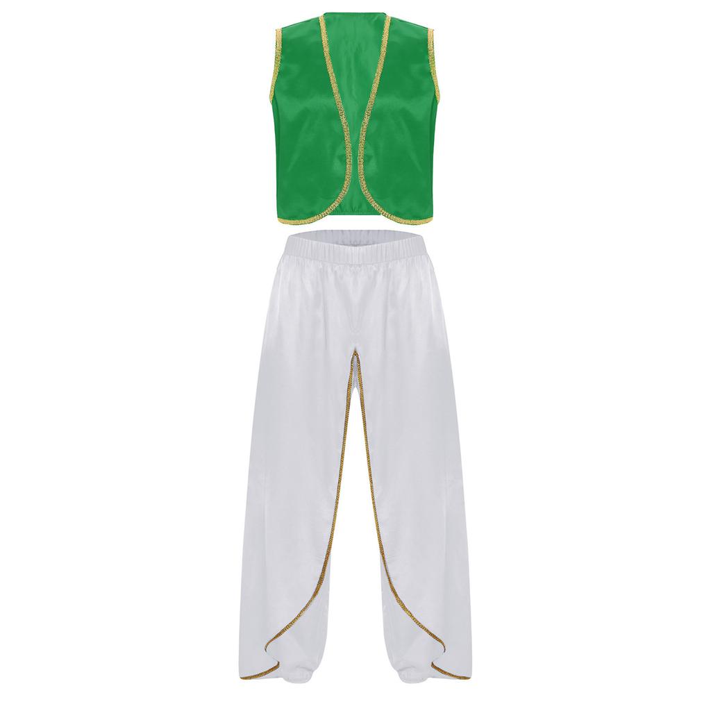 Herren Arabischer Prinz Cosplay Kostüm Satinierte Goldene Verzierungen Offene Weste Weite Hosen Indien Dhoti Palazzo Hosen