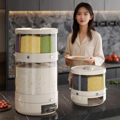 Rotating Multi-Grain Rice Storage Bin with Measuring, Double-Layer, Sealable Compartments