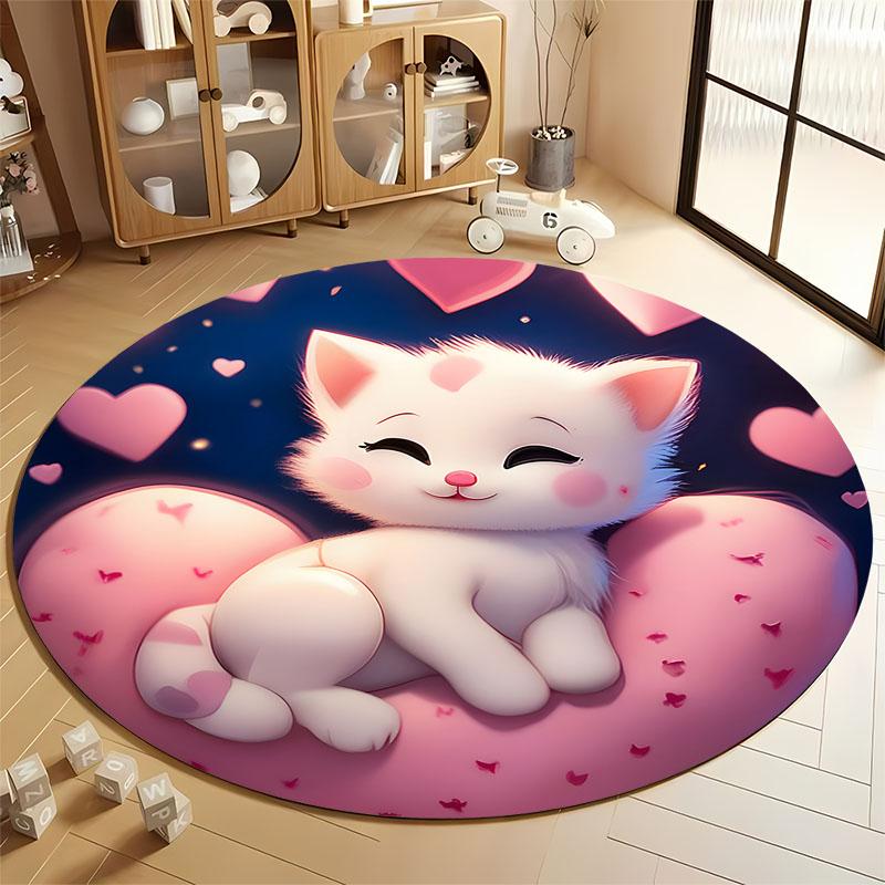 

Charming Cat and Hearts Rug for Nursery Room round carpet for home sofa bedroom, gift Diameter 60cm