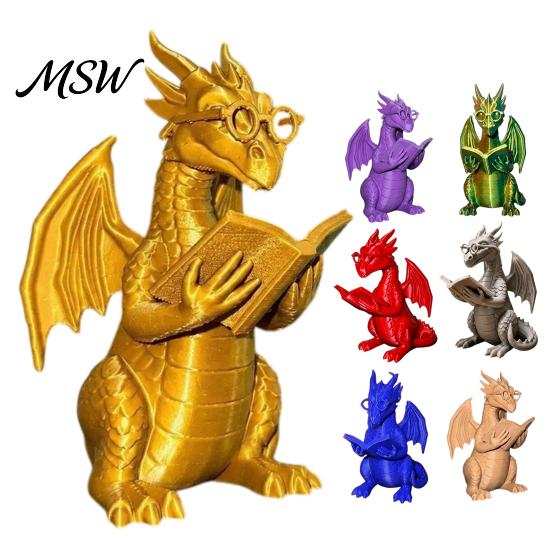 Decorative Book Holder Reading Dragon Figurine with Glasses, Statue, 3D Printed Fantasy Bookshelf Ornament Decor, Whimsical Desktop Ornament, Gift for